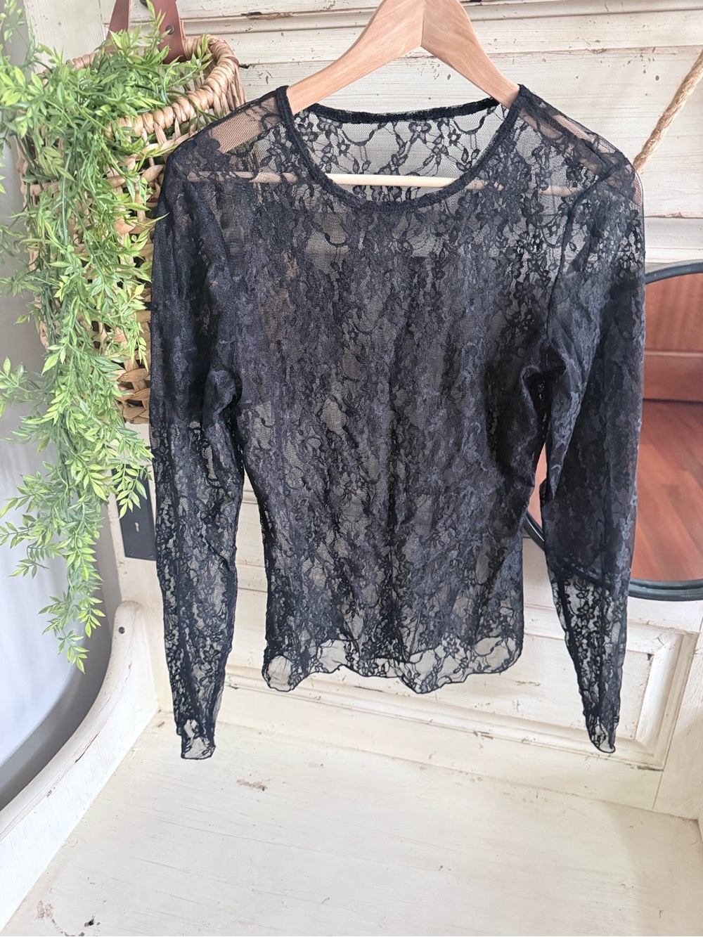 Black Lace Long-Sleeve Sheer Top